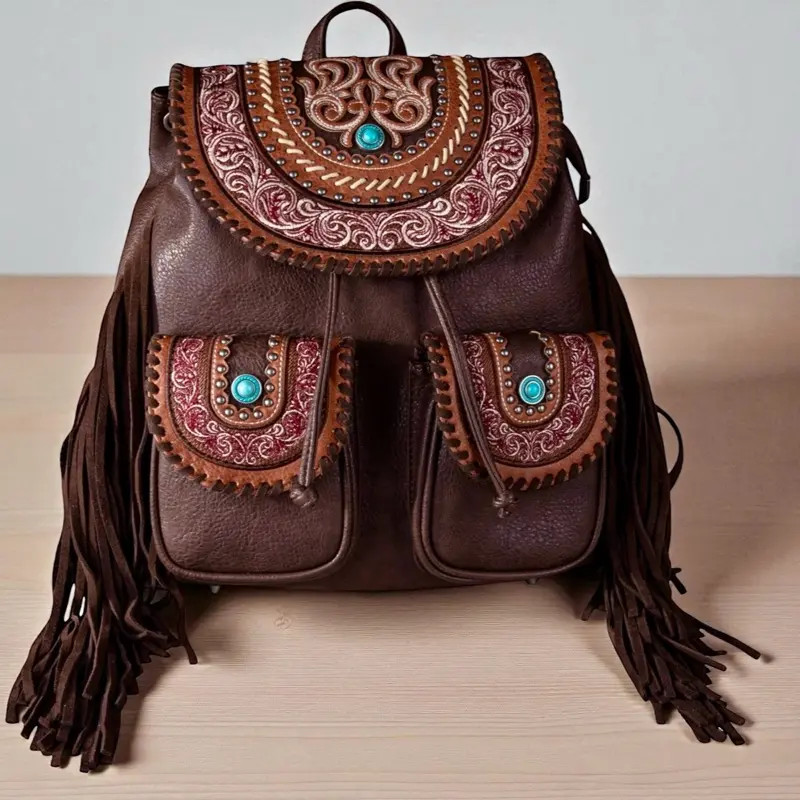 Montana West Teal & Brown Embroidered Floral Backpack MW1256-9110 Montana West Floral Embroidered Collection  main image 3