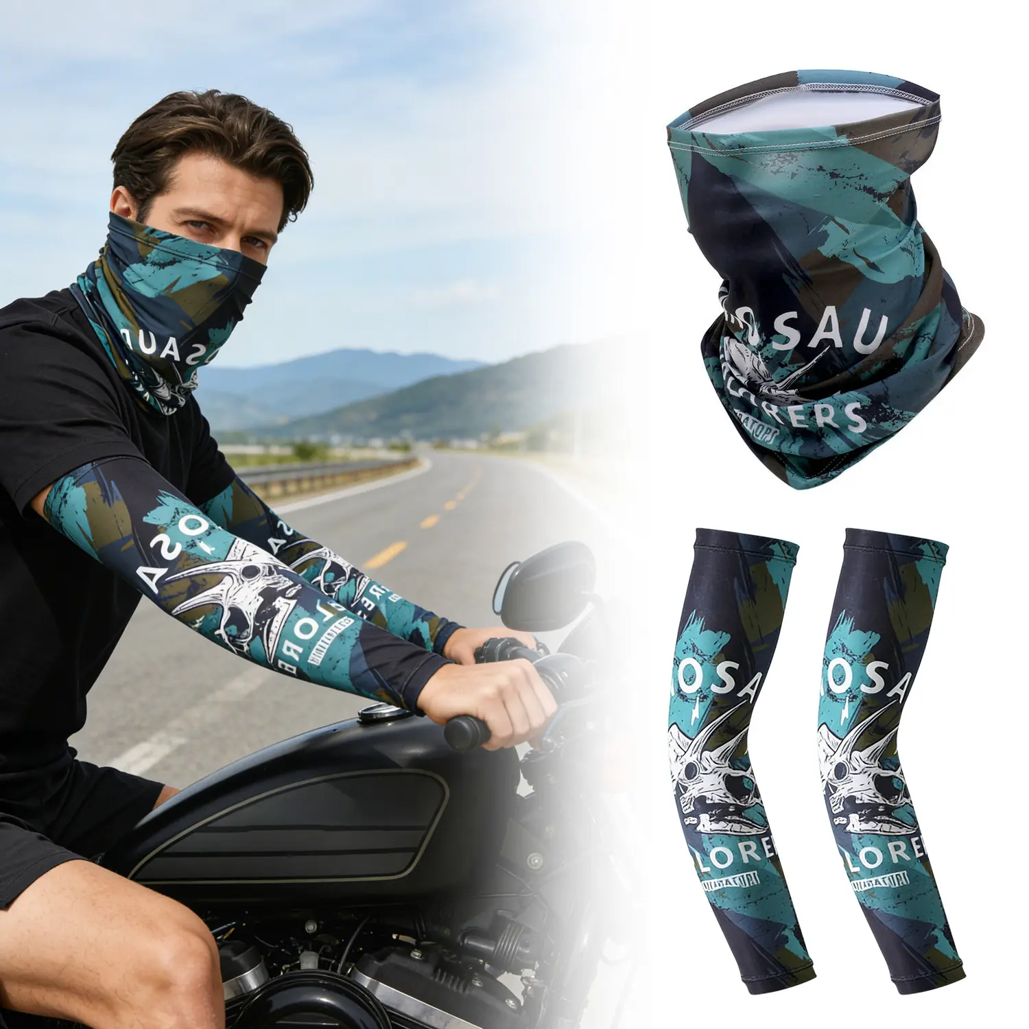 Men’s Cooling Arm Sleeves & Face Mask Set, UV Sun Protection Ice Silk,2 Style Available, for Cycling Fishing Outdoor Sports