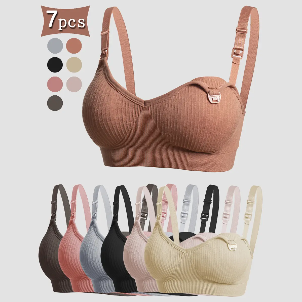 7 PCS Ribbed Nursing Bras for Breastfeeding, Maternity Wireless Bras with One-Handed Clasp, Adjustable Straps, Postpartum Daily Wear Essentials, Pregnancy Must Haves