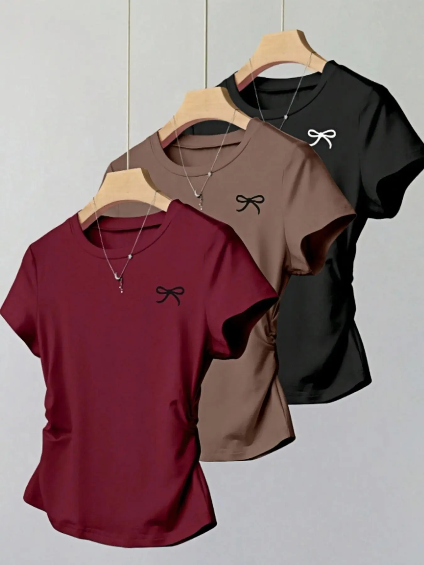Spring Summer Fall New Basic Solid Embroidered Gathered Casual Round Neck Comfortable Everyday Women's Short Sleeve T-Shirt Set of 3 Top, Womenswear Embroidery