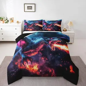 Gothic Fire Dragon Bedding,Magical Ancient Animal Comforter Set,Teal Dragon Bedding Comforter Sets,Burning Fire Flames Down Comforter