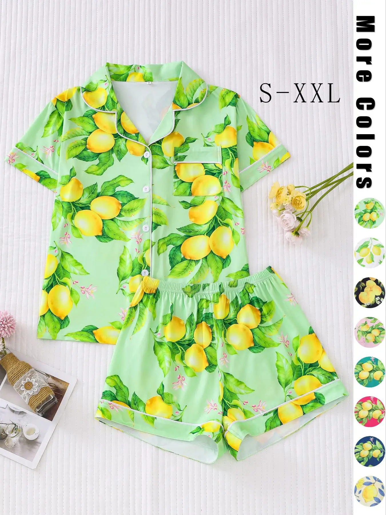 Two-Piece Set Women's All Over Print Pyjama Set, Casual Button Front Short Sleeve Lapel Shirt & Elastic Waist Shorts Pj Set, Ladies Sleepwear & Lounge