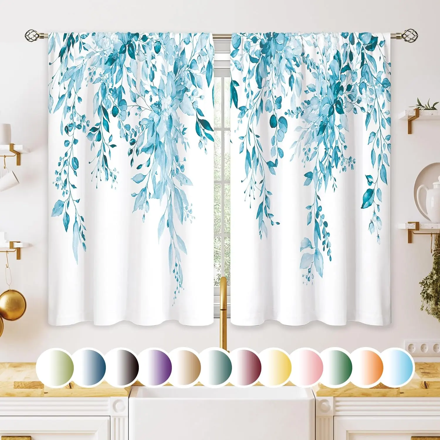 Vintage Floral Blue Eucalyptus Botanical Leaves Curtains - 27.5x39in Farmhouse Tier Drapes, Beautiful Patterns Window Treatment for Kitchen Over Sink, Small Bathroom, Vintage Floral Curtains, Beautiful Patterns Curtains