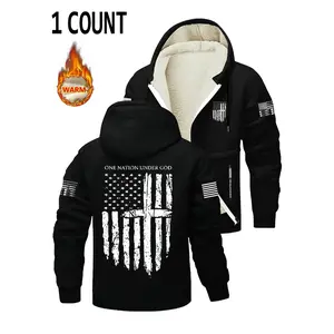 Men's Fleece Lined Zipper Hoodie Jacket, Hot Trending Hoodies, Flag Print Design, Soft Comfortable Fabric, Casual Fashion Outerwear for Fall & Winter Seasons