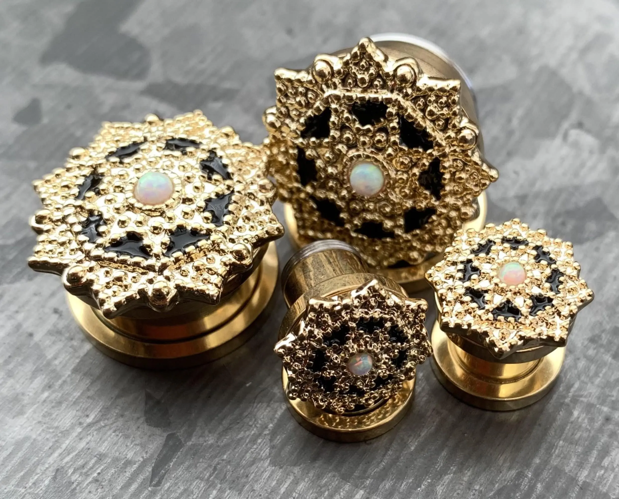 PAIR of Unique Opal Center Tribal Shield Top 14kt Gold Plated Steel Screw Fit Tunnels/Plugs - Gauges 8g (3mm) thru 5/8" (16mm)