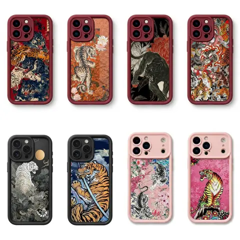Vintage Chinese Tiger UV-Printed Protective Cellphone Casing - Handmade Collage, Cute Animal Accessory, Japanese Traditional Art Design, Lightweight Durable Shockproof Cover for iPhone 17,16,15,14,13,12,11 Pro Max, Animals