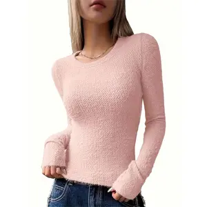 Women'S Cozy Crew Neck Sweater - Soft Long Sleeve Pullover, Solid White, Casual Spring/Fall Top with Button Detail, Perfect for Casual Attire, Sweater Shrug