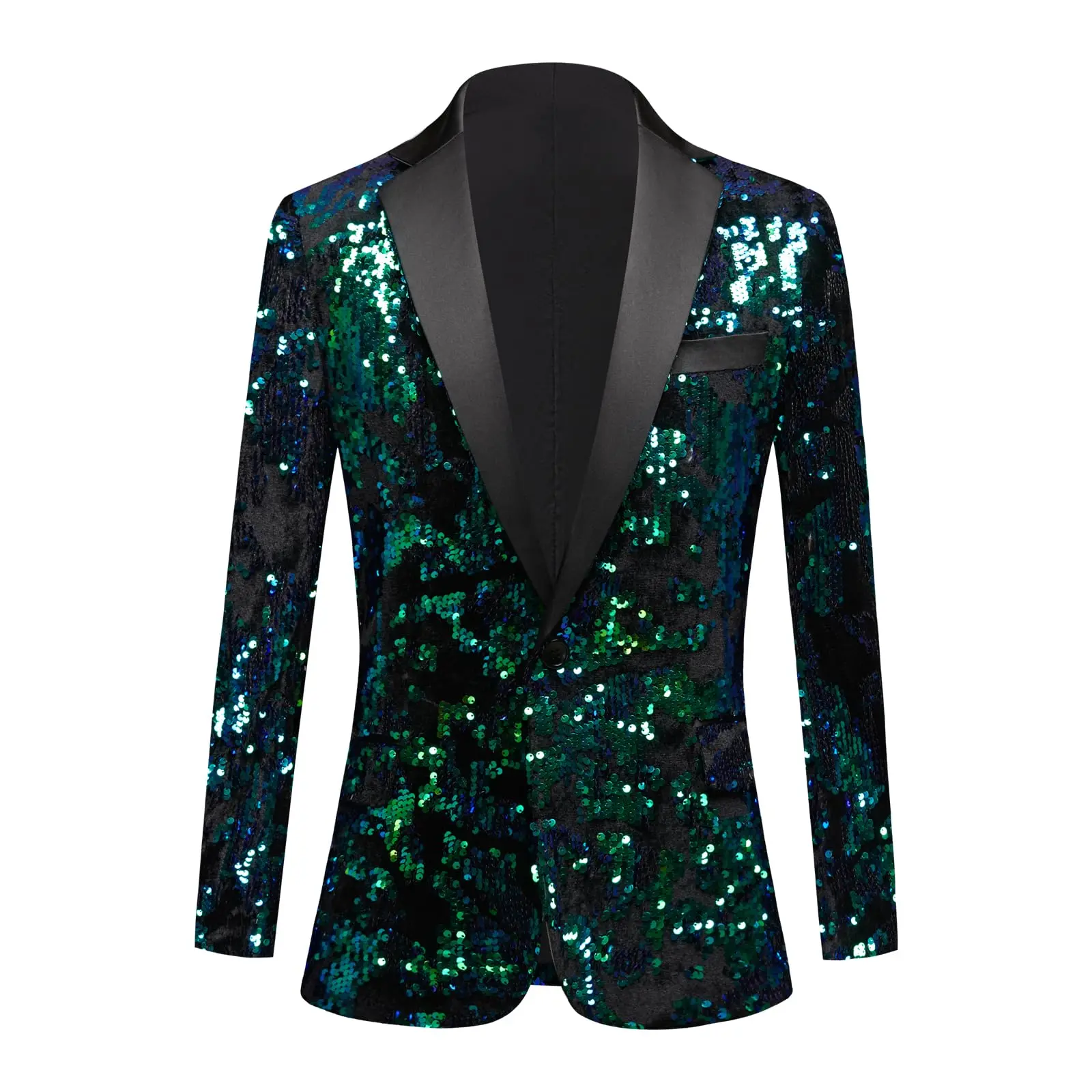 Men's Slim-Fit Sequin Blazer Jacket, Long Sleeve Satin Shawl Lapel Prom Suit for Weddings, Parties - Blue & Green, Formal, Flower, Fabric, Shiny, Blazer Coat, Classic, Costume Outfit, Party, Sequins, Festival Costume, Satin Fabric, Stage Wear, Evening