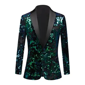 Men's Colorful Shiny Sequins Lapel Slim-Fit Stylish Blazer Jacket Dress Suit Costume for Homme Stage Clothes (Blue &Green)