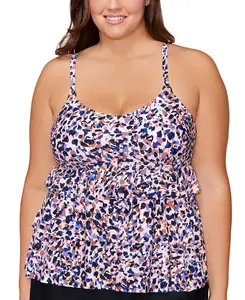 Island Escape Plus Size Abstract-Print Tiered Underwire Tankini Top