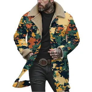 Men's Oversized Brown Lined Long Sleeve Cotton Parka Coat - Casual Pockets, European & American Street Style Aesthetics, Camouflage Print Plush Puffer, Fashion Longsleeves Menswear Tops