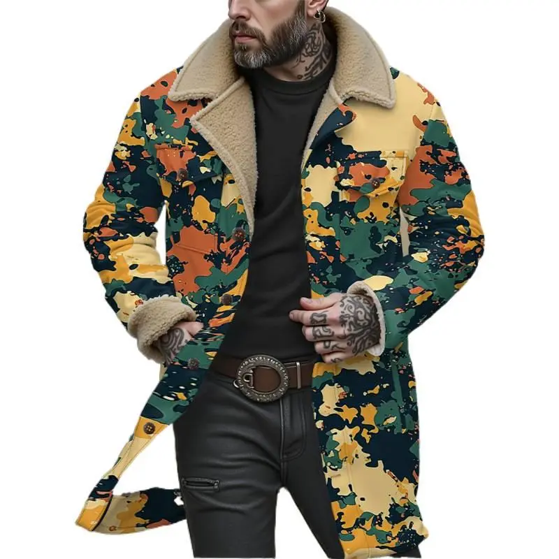 Men's Camo Print Puffer Jacket, Long Oversized Winter Coat with Hood and Brown Lining, Lightweight for Outdoor Wear, Linen