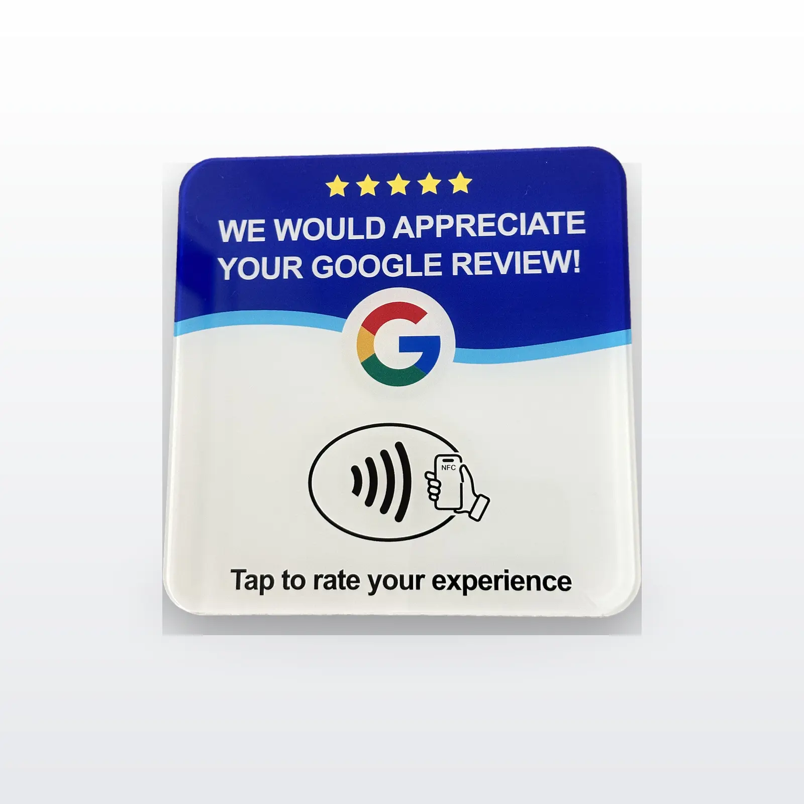 NFC Tap to Review Card for Business - Rewritable Contactless Review Stand for Counter, Front Desk, Restaurant, Salon, Barbershop - No App Needed - 10x10cm Waterproof Acrylic Sign with Adhesive Back