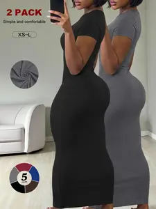 Women's Ribbed Knit Bodycon Maxi Dress Fit, Sexy Chic Short Sleeve Crew Neck, Tummy Control, Leg-Lengthening, Spring & Fall Party