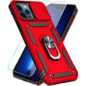 Compatible with iPhone 13 Pro Max Case with HD Screen Protector & Slide Camera Cover & Rotated Ring Kickstand, [Military-Grade] Phone Case for iPhone 13 Pro Max(Red)
