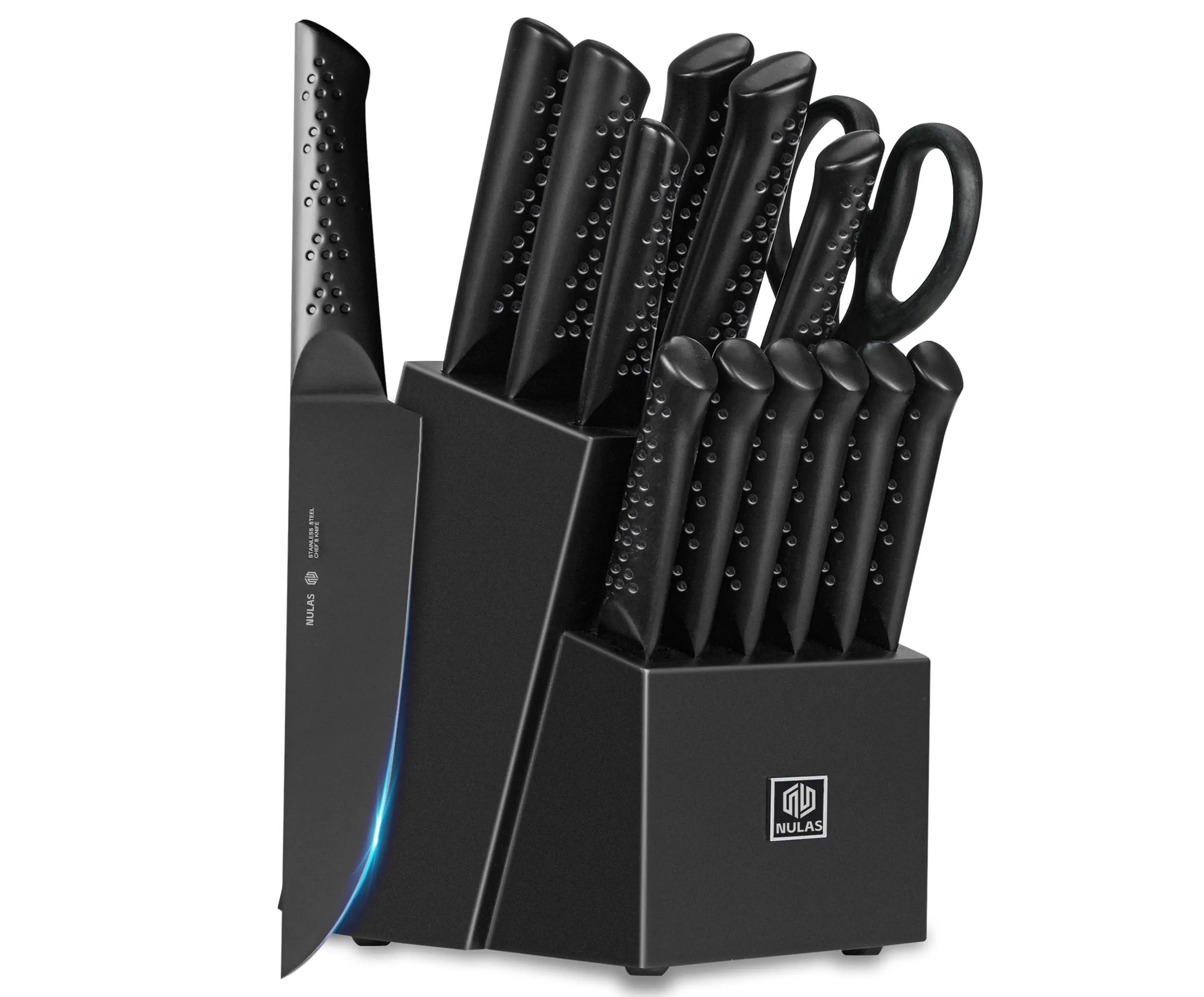 All  in  One  Knife  Set for  Kitchen  , 15 Piece Knife Set with Built-in Sharpener & Block, Dishwasher Safe,  Stainless Steel, Scissors,  Black