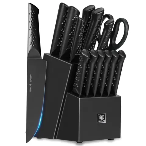 15-Piece German Stainless Steel Kitchenware Knife Set with Wood Block - 8" Chef Tool, Slicing Utensils, Steak Cutlery, Scissors, Built-in Sharpener, Cut-Friendly Handles, Dishwasher Safe for Home Cooking