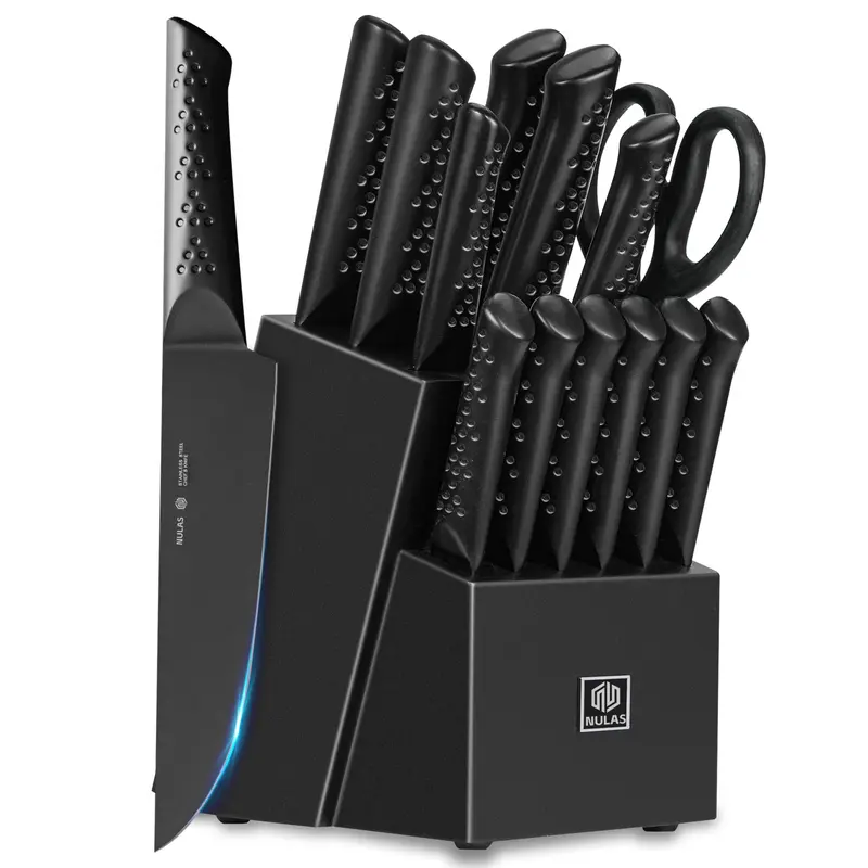15-Piece German Stainless Steel Kitchenware Knife Set with Wood Block - 8" Chef Tool, Slicing Utensils, Steak Cutlery, Scissors, Built-in Sharpener, Cut-Friendly Handles, Dishwasher Safe for Home Cooking