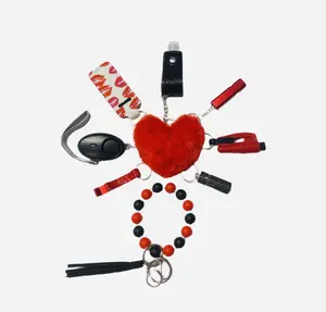 Black and Red Safety and Accessory Keychain Set with Silicone Beads & Diverse Accessories for Women's Everyday Essentials