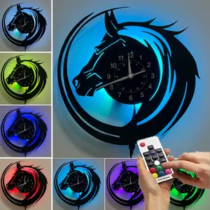 Horse Vinyl Wall Clock, Creative Decorative Clock, Gift for Men, 7-Color Night Light LED, Handmade Home Art Decoration, Bedroom Living Room Farmhouse Campus