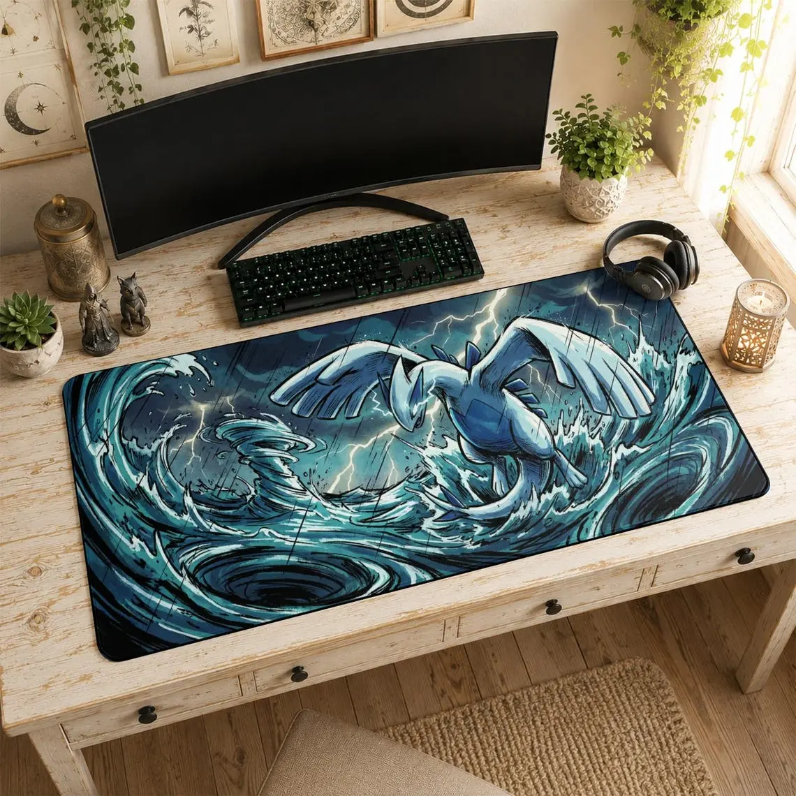 Lugia Mouse Pad | Desk Mat, Watercolor Art Dark Aesthetic Mat