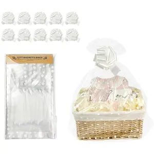 22x25 Inches 10 count Large Cellophane Bags for  Baskets, Plastic  Basket Wrapping with Pull Ribbons, Clear Cellophane  Bags for Party, Mother's Day,  Showers, Christmas