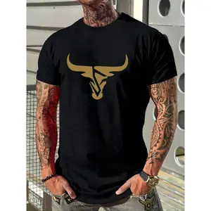 Men's Bull Head Print Round Neck Tee, Regular Fit Casual Short Sleeve Crew Neck T-Shirt for Summer, Fashion Men's Top for Daily Wear