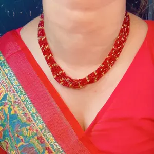 Maroon Red Potey Short Length Neck Jewelry for Outfits with Yellow Accents and Red Tip