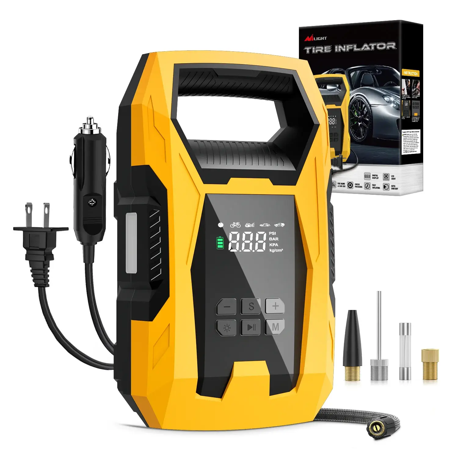 Nilight Automotive Tire Inflator Portable Air Compressor, Dual Power 110V AC-12V DC Car Repair Tool, 150PSI Fast Tire Inflation Tool, Heavy Duty Metal Motor with LED Light, Pressure Gauge, Auto Shutoff for Car, Motorcycle