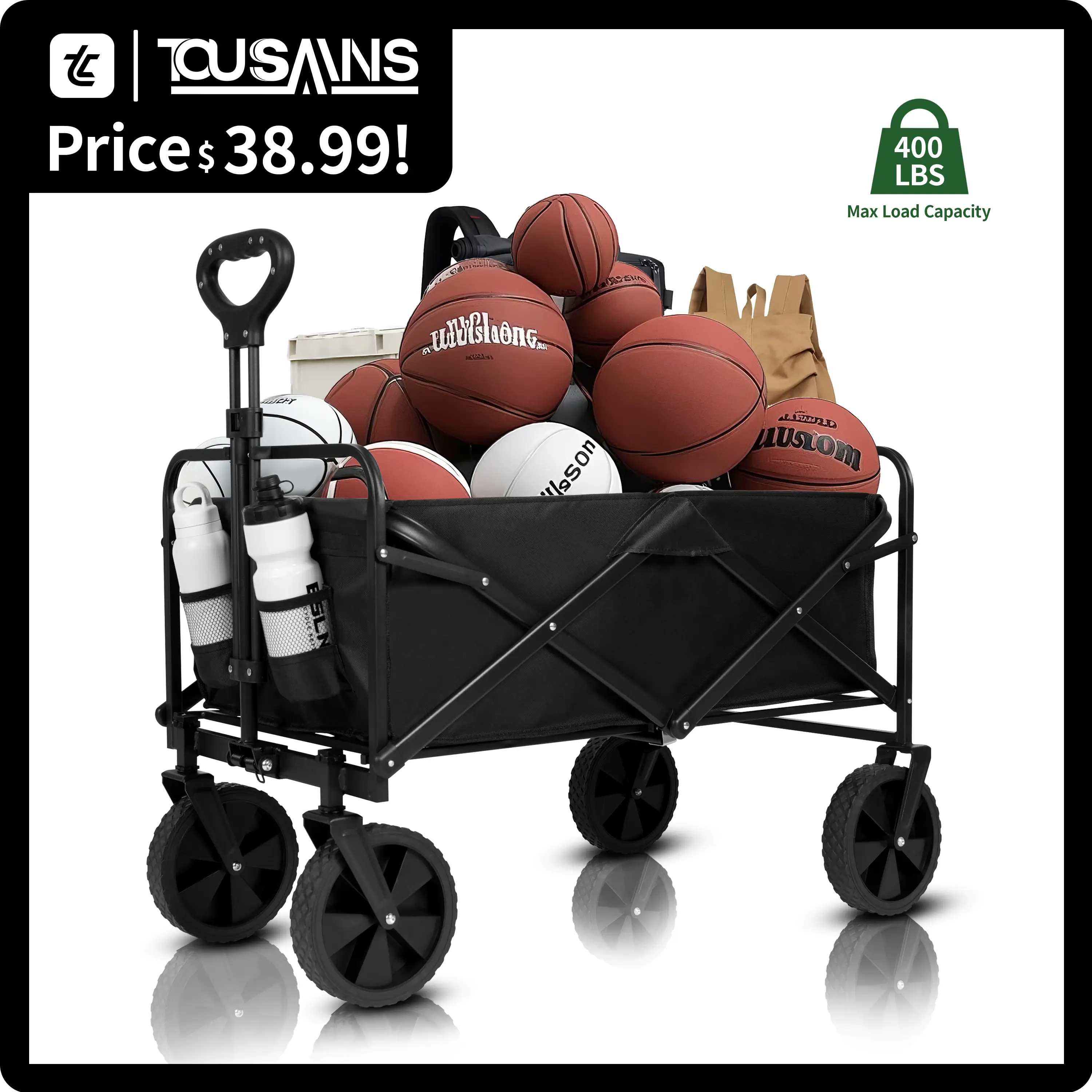 Collapsible Wagon Cart Foldable with High Weight Capacity, Lightweight Portable Folding Grocery Shopping Cart with Wheels for Camping Sports Beach and