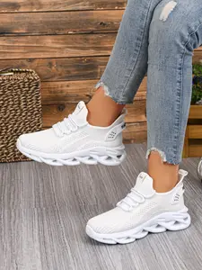 Women's Breathable Knit Mesh Lace-Up Sneakers - Lightweight Blade Sole Knitted Running Shoes for Everyday & Sports