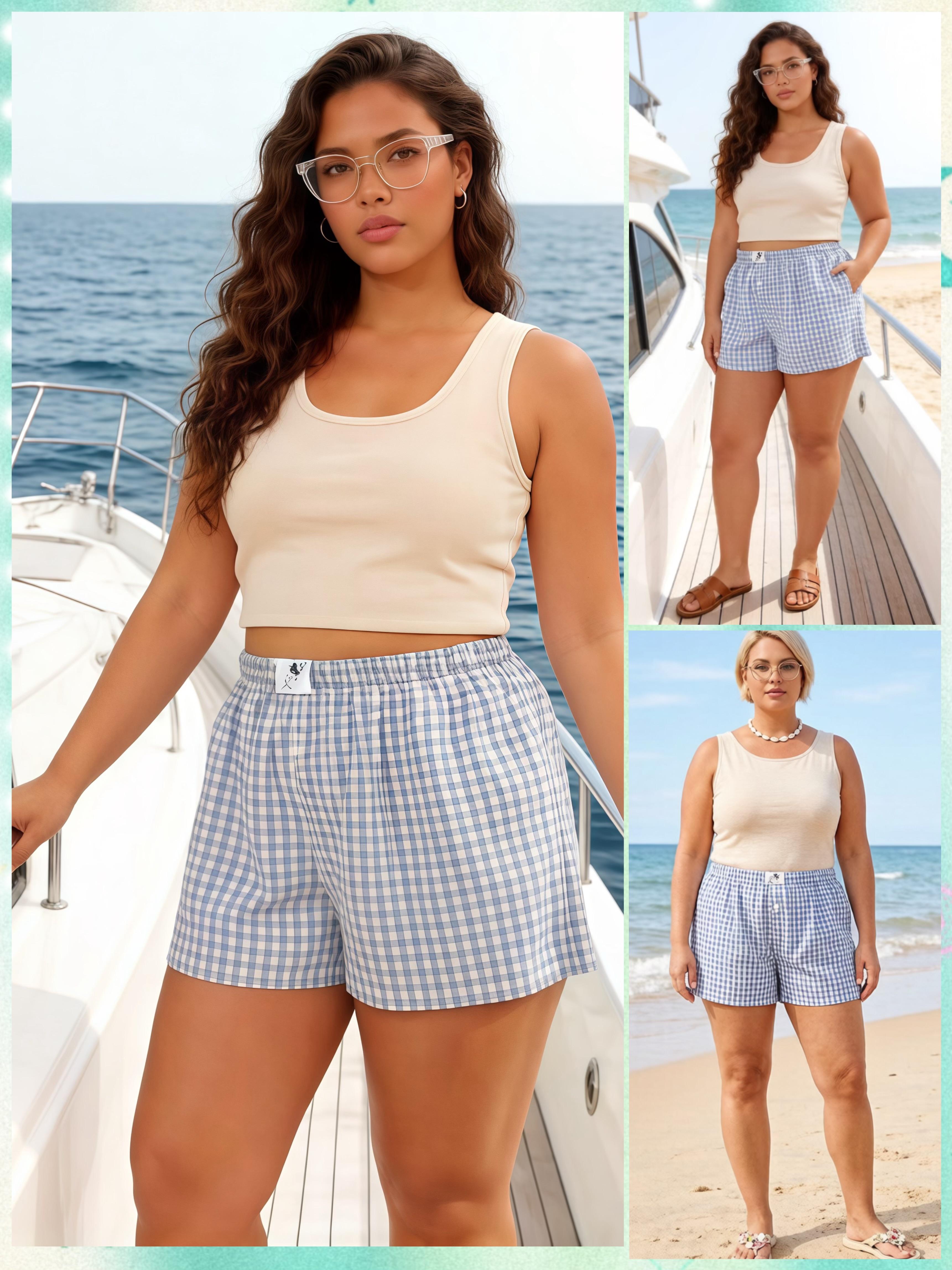 COOTRY【Plus Size】Women's Plaid Print Patched Elastic Waist Shorts, Gingham Boxer Shorts, Checkerboard Print Shorts,Casual Comfy Straight Leg Shorts for Summer,Ladies Bottoms for Daily Wear| Plus Size Fashion|Hide Belly Shorts|Flattering Fit