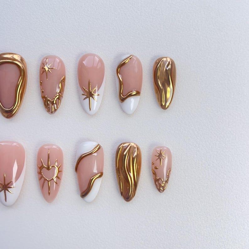 Yunara Nails - 3D Gold Chrome Nails - White French Press On Nails Long Almond Nails - French Nails - Gold Nails - Wedding Nails - Sun star nails - Metallic gold nail