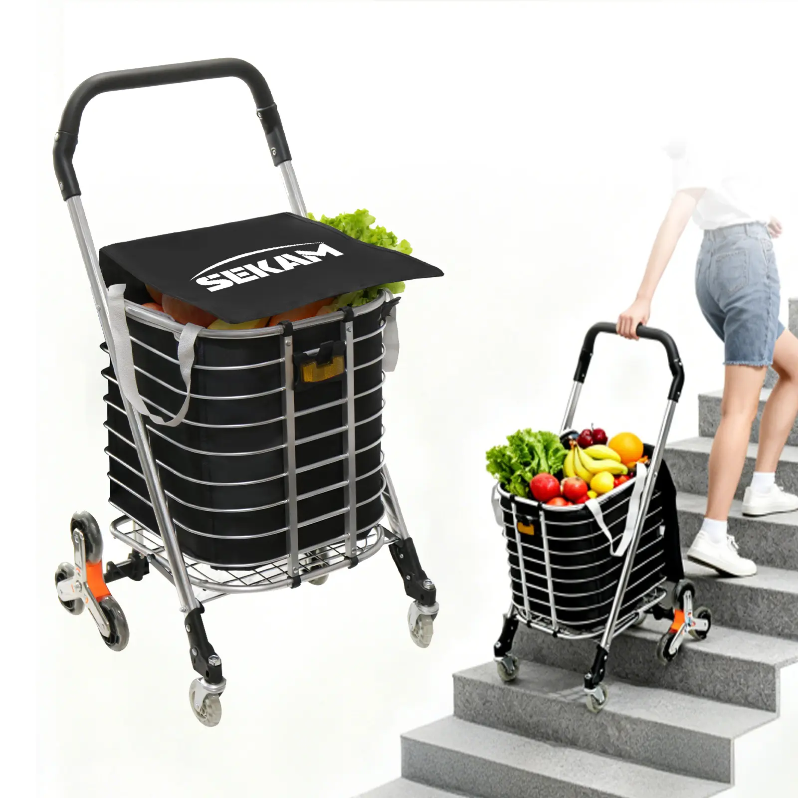 SEKAM Heavy-Duty Collapsible Foldable Wagon - Tri-Wheel Stair Climber Cart with 360° Swivel Wheels, Ideal for Seniors' Shopping, Laundry