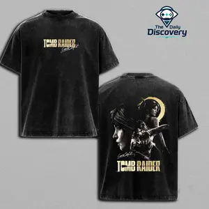 Tomb Raider Lara Croft 2-Sided Oversized Graphic Tee: Vintage Washed Soft Cotton Shirt with Iconic Adventure Hero Artwork, Relaxed Streetwear Fit, Bold Explorer Design for Gamers and Action Fans