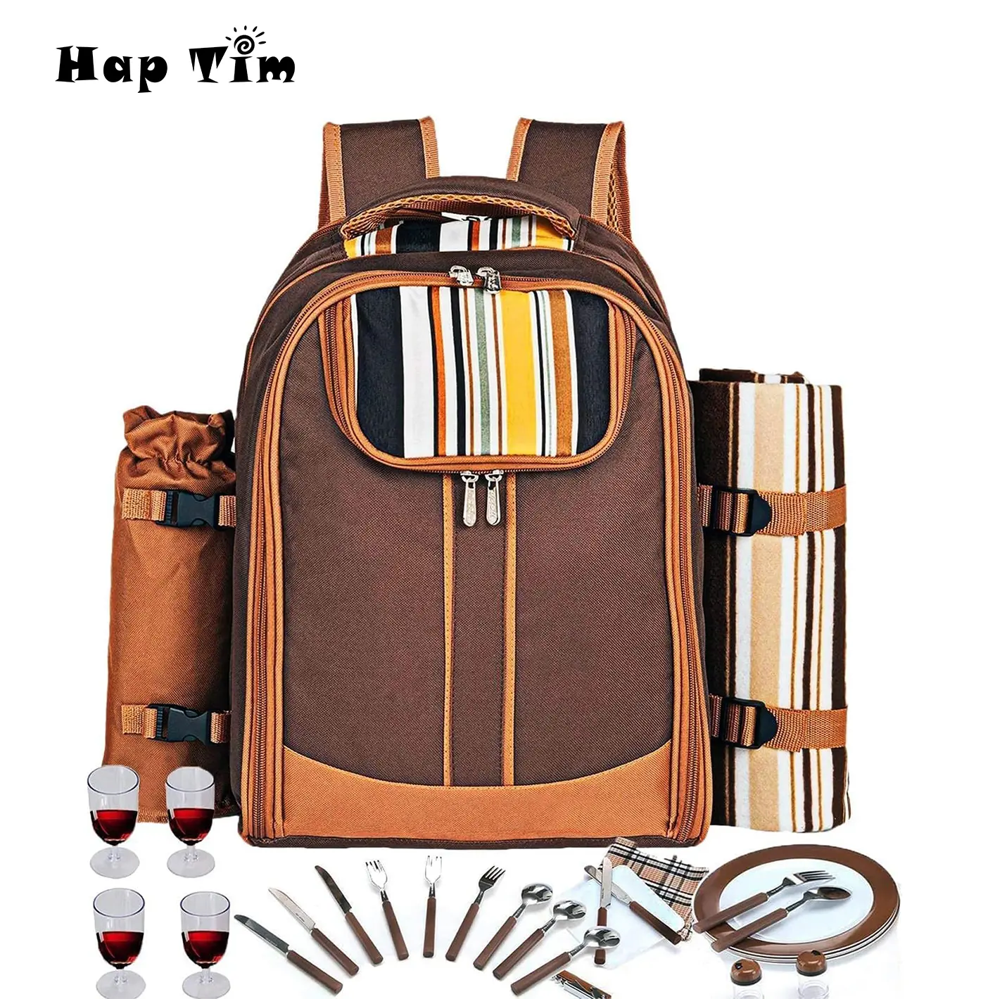 Hap Tim Picnic Backpack Bag for 4 Persons with Cooler Compartment Detachable Bottle/Wine Holder Fleece Blanket Plates and Cutlery Set Perfect for Outdoor Sports Hiking Camping BBQs summerwins