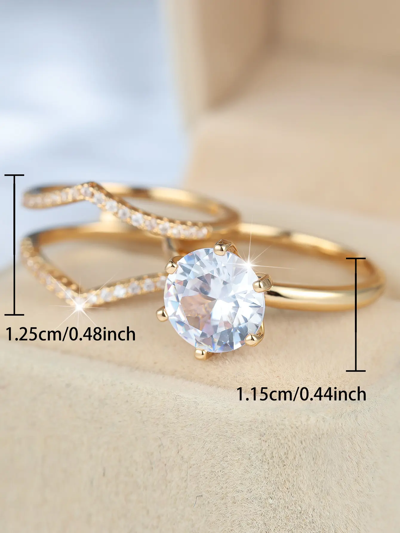 Women's 2-Piece Vintage Gold Big Round White Zircon Engagement Set with Wedding Band, Casual Wear Costume Jewelry, Wedding Ring Sets, Female Rings