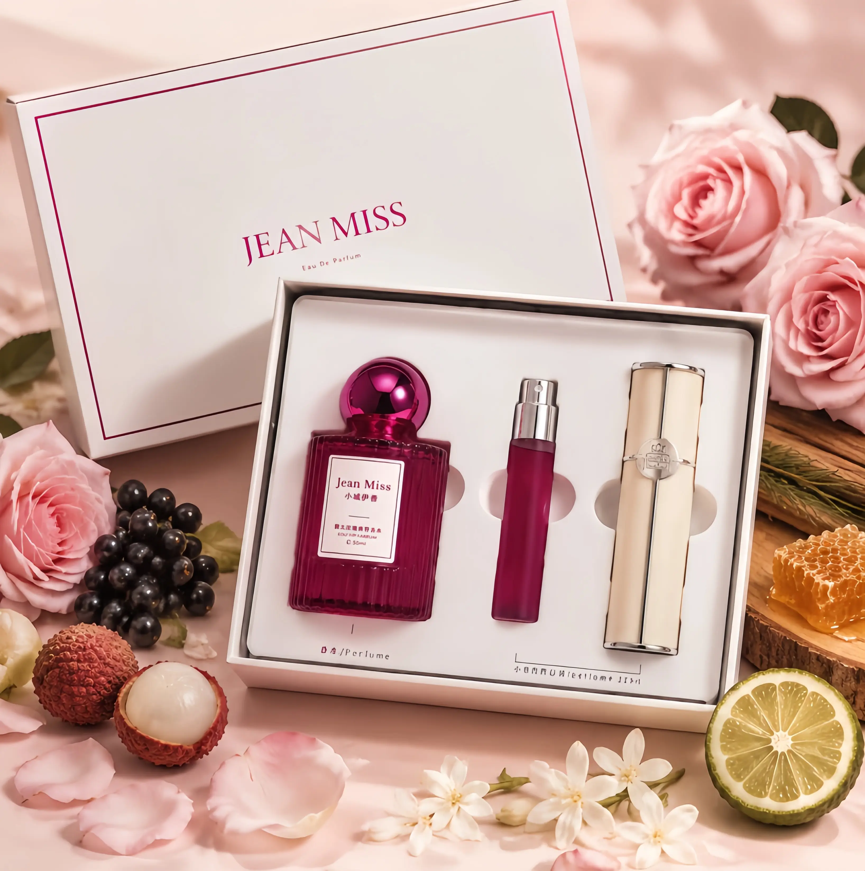 JEAN MISS Rose Perfume Set 50ml+12.5ml,Floral Fruity Woody Fragrance with Rose, Litchi,Bergamot & Musk Notes, Portable Travel Spray,Long Lasting Sweet Scent for Daily Wear, DateNight, perfume gift box set,curations good scent