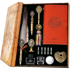Pen Ink Set,Includes Quill Pen,Notebook,Ink,5 Replaceable Nibs,Pen Holder,Cup,Seal ,Spoon,Wax Bead,White Wax,Envelope & Letter Paper Etc. Calligraphy Pen Set-Grey