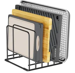 Kitchen Organizer Rack - 5-Slot Heavy-Duty Cutting Board and Bakeware Holder, Rust-Resistant with Anti-Slip Feet for Countertop or Cabinet Storage