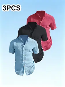 3-Pack Men's Summer Short Sleeve Shirts, Lightweight Breathable Solid Collar Collared Button-Up, Ideal for Beach Pool, Casual Swimwear