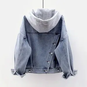 Blue Deconstructable Hooded Turn-down Collar Denim Jacket Women Loose Button Patchwork Outwear Jean Coat Female Outerwear Casual Basic Long Sleeve