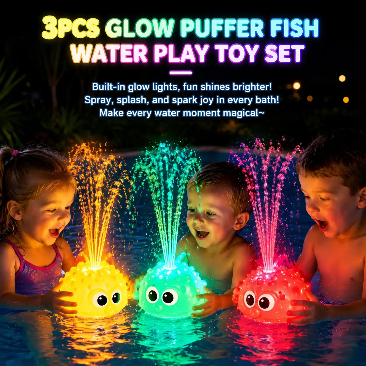 3PCS Glow Puffer Fish Water Toys for Kids, LED Floating Spray Bath Toys, Cute Sensory Water Play Gift for Toddlers, Birthday Christmas Holiday Gifts