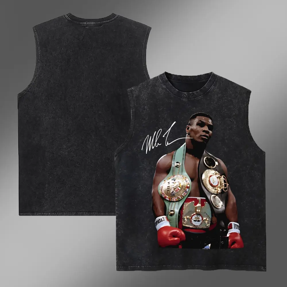 Men's Soft Cotton Loose-Fit Distressed Retro Heavyweight Boxing Legend 90s Graphic Sleeveless Vest - Streetwear, Vacation Outfits, Graphic Text & Numbers Print, Draped Fabric, Vintage Tops