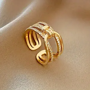 1pc Fine Knotted Gorgeous Fashion Style Set Synthetic Zirconia Copper Golden Opening Ring Women Banquet Daily Gift