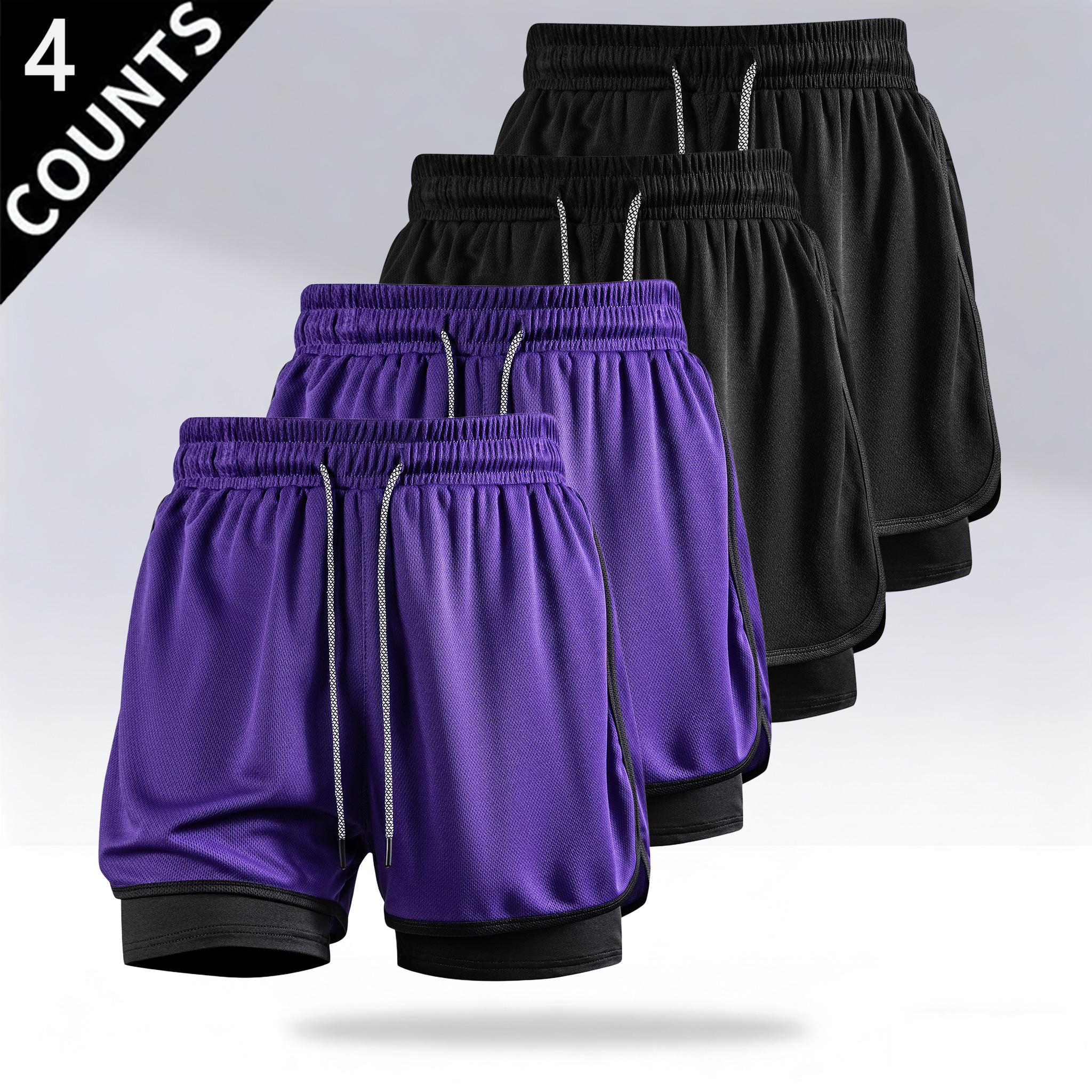 4-Pack Men’s 2-in-1 Running Shorts with Liner, Quick-Dry Breathable Mesh Athletic Workout Shorts, Lightweight Gym Basketball Shorts with Drawstring and Pockets, Summer Multi-Pack Sports Shorts for Fitness and Everyday Wear