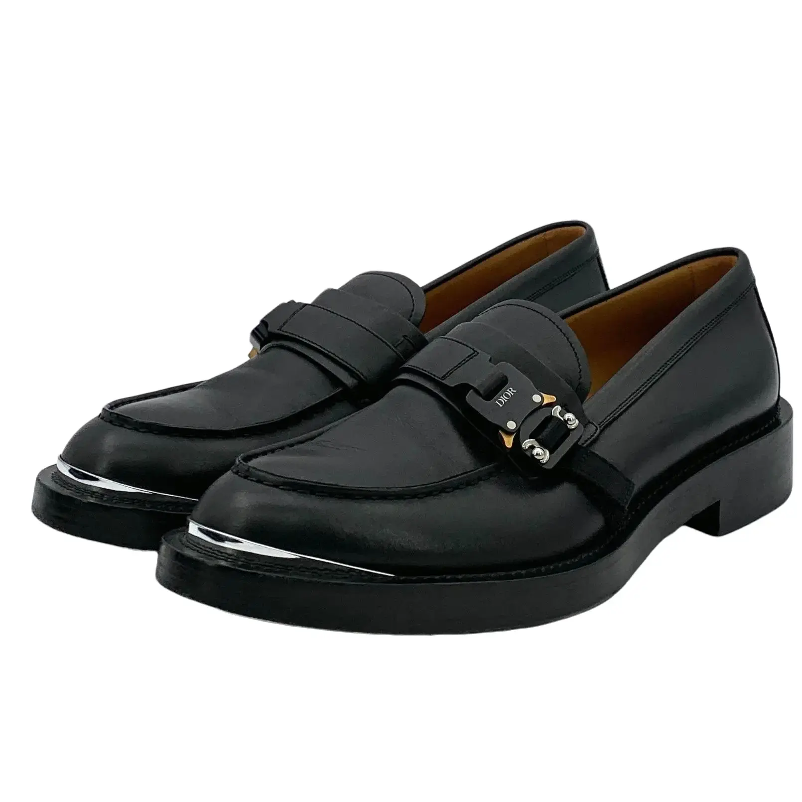 RDLT-Dior Size 44 Evidence Black Lock‑Detail Round‑Toe Flat Leather Loafers-H22980