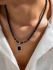 Handmade Beaded Necklace with Square Stone Pendant, Elegant Jewelry for Daily Wear, Fashion Accessory, Meditation Healing, Perfect Gift, Square Shaped Pendant