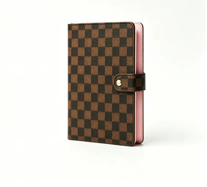 Luxury Brown Checkered PU Leather Planner Notebook, A5 Refillable Snap Button Diary Journal with Pink Lining, Portable Pocket Agenda Organizer for School Office Travel Budget Tracking, Cute Stationery Gift for Women Girls Daily To Do List Planner