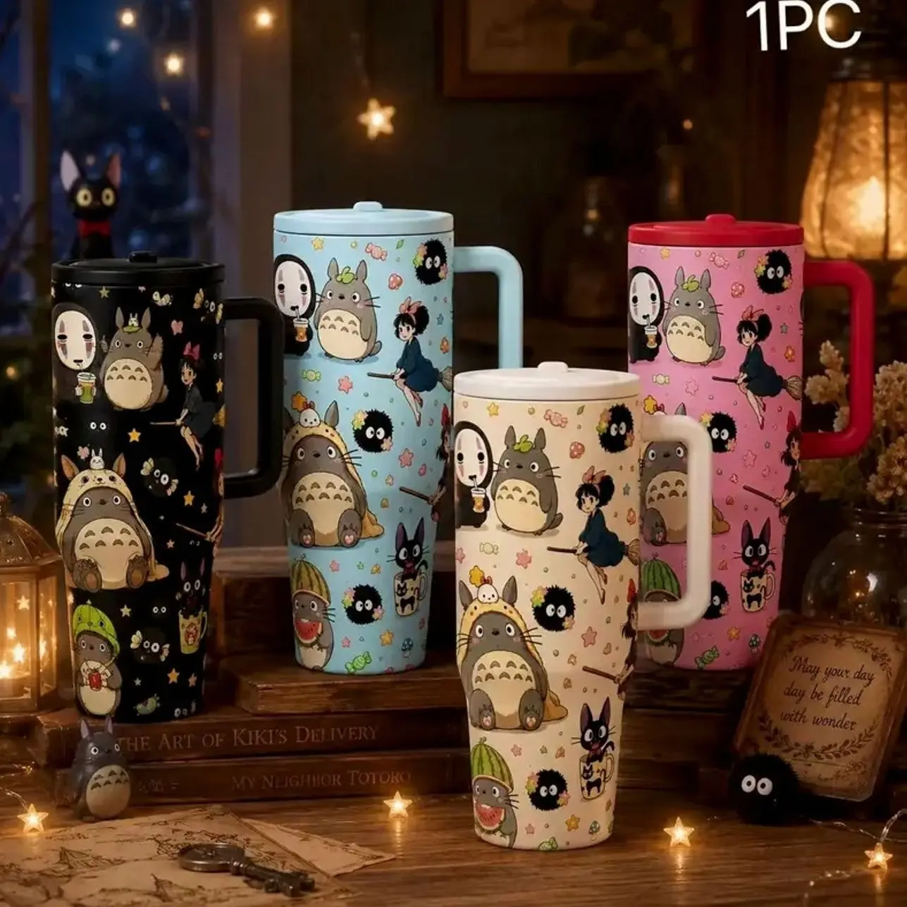 Ghibli Anime Collage 40oz Insulated Drink Tumbler With Handle Lid Straw, My Neighbor Totoro Kiki's Delivery Service No-Face Soot Sprite Print Insulated Stainless Steel Travel Cup, Leakproof Coffee Mug Gift For Anime Fans Car Office Daily Use